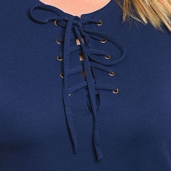 Navy Blue Short Sleeve Lace Up T-Shirt Dress - Picture 2 of 5